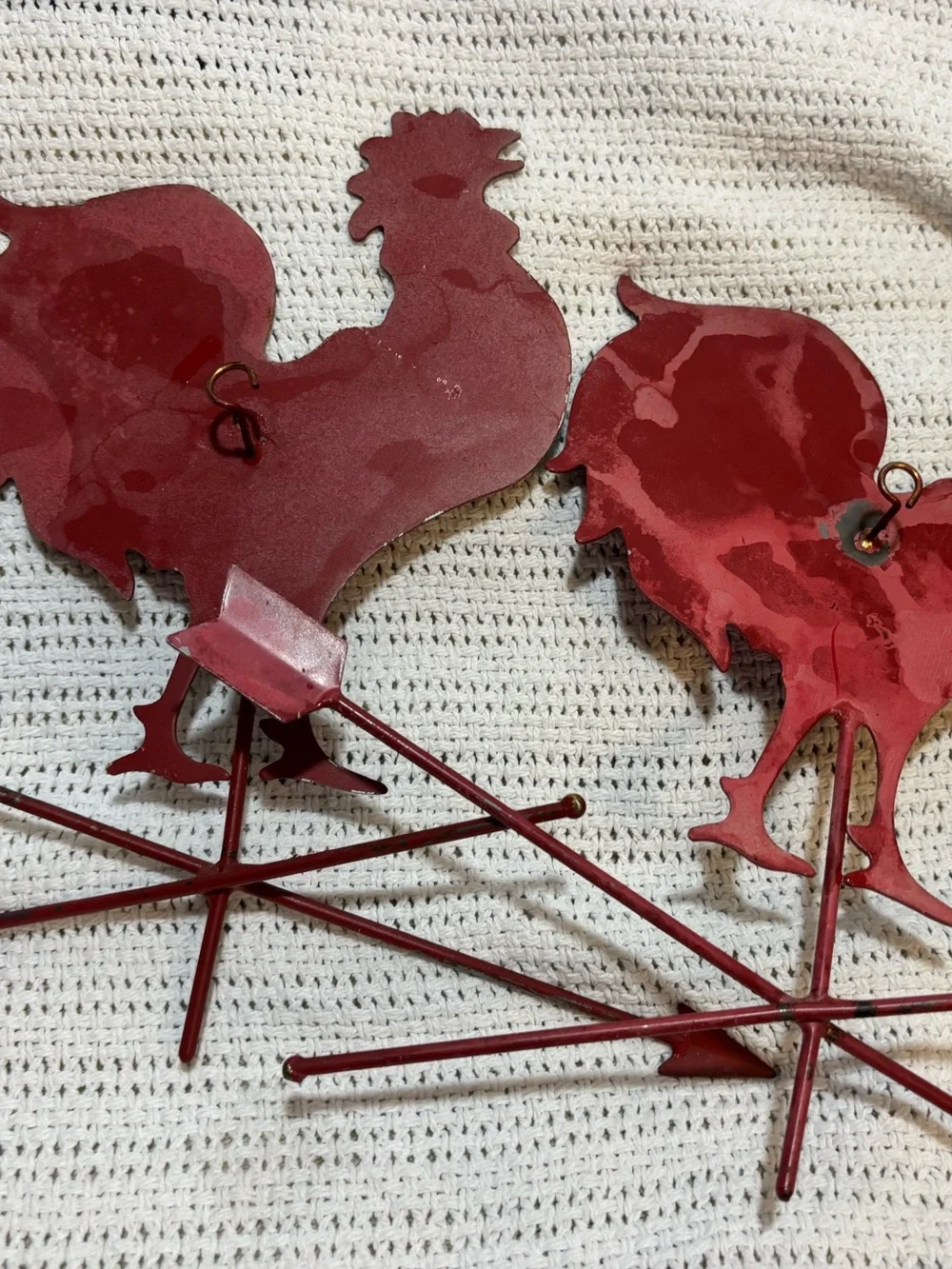 Vintage Pair of Metal Rooster Weathervane Wall Decor – Barn Red & Black